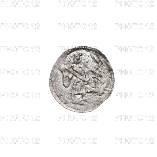 denarius, Boleslaw III Krzywousty (prince of Poland; 1086–1138/1107–1138), allegories, spearhead (issue mark), chain mail (iconographic), crosses, equal-armed cross (iconographic), jaws (iconographic), knight (iconographic), martyrs, Romanesque (style), knights, dragons, dragon (iconographic), Adalbert (Saint; ca. 956–997), fight between good and evil (iconographic), Middle Ages, spears, fight against pagans (iconographic), spear (iconographic). Obverse: in the beaded border, a knight in chain mail thrusting a spearhead into the jaws of a dragon turned upside down. Reverse: in the triple beaded border, an isosceles cross topped with balls; between its arms, one ball. ca. 1125–1138, Poland, Kraków; coin; diameter 12.3–13.1 mm; weight 0.43 g