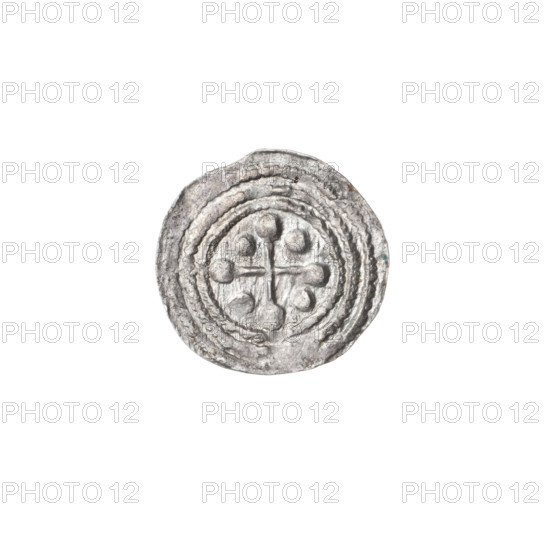 Denarius, Boleslaw III Krzywousty (prince of Poland; 1086–1138). Obverse: in beaded border, a knight in chain mail thrusting a spearhead into the jaws of an upside-down dragon. Reverse: in triple beaded border, an isosceles cross topped with balls; between its arms, one ball. Iconography: spearhead (issue mark), chain mail, equal-armed cross, jaws, knight, dragon, martyrs, fight between good and evil, fight against pagans, spears. Style: Romanesque. Associated saint: Adalbert (ca. 956–997). Date: ca. 1125–1138. Place: Kraków, Poland. Coin; diameter 12.3–13.1 mm; weight 0.43 g.