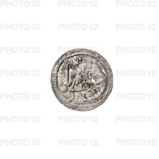 denarius, Boleslaw III Krzywousty (prince of Poland; 1086–1138), allegories, equal-armed cross (iconographic), crosses, spearhead (issue mark), chain mail (iconographic), chain mails, mouth (iconographic), knight (iconographic), martyrs, Romanesque (style), dragons, knights, dragon (iconographic), Middle Ages, mouths, Adalbert (St.; ca. 956–997), fight between good and evil (iconographic), spear (iconographic), spears, fight against pagans (iconographic). Obv.: In the beaded border, a knight in chain mail thrusting a spearhead into the jaws of a dragon turned upside down. A ball is under the knight's right elbow. A dot is on the outside of his right hand. Rv.: In the triple beaded border, an isosceles cross topped with balls. Between its arms, one ball. One arm intersects the other at approximately 1/3 of its length. ca. 1125–1138. Poland, Kraków. Coin; diameter 12.2 mm; weight 0.25 g.