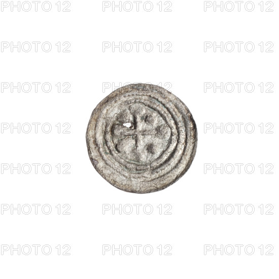 denarius, Boleslaw III Krzywousty (prince of Poland; 1086–1138), Romanesque, ca. 1125–1138, Poland, Kraków, coin, diameter 12.2 mm, weight 0.25 g. Obv.: In the beaded border, a knight in chain mail thrusting a spearhead into the jaws of an upside-down dragon; a ball under the knight's right elbow and a dot outside his right hand. Rv.: In the triple beaded border, an isosceles cross topped with balls; a ball between its arms; one arm intersects the other at approximately 1/3 of its length. Iconography: equal-armed cross, crosses, spearhead (issue mark), chain mail, mouth, knight, martyrs, dragons, dragon, mouths, Adalbert (St.; ca. 956–997), fight between good and evil, spear/spears, fight against pagans.