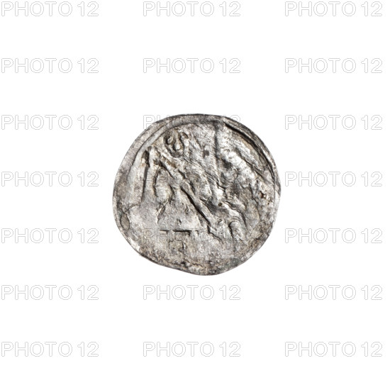 Denarius, Boleslaw III Krzywousty (prince of Poland; 1107–1138 / b. 1086–1138). Obv.: in a linear border, a knight in chain mail thrusting a spearhead into the jaws of an upside-down dragon; motifs include knight, chain mail, spearhead (issue mark), jaws, dragons, fight between good and evil, fight against pagans, martyrs, Adalbert (Saint; ca. 956–997), allegories, Romanesque style. Rv.: in a triple beaded border, an equal-armed (isosceles) cross topped with balls; between its arms, a sun; crosses. Date ca. 1125–1138. Poland, Kraków. Coin; diameter 12.6–13.2 mm; weight 0.35 g.