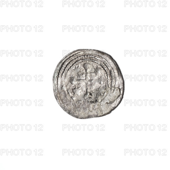 denarius, Boleslaw III Krzywousty (prince of Poland; 1086–1138), allegories, equal-armed cross, spearhead (issue mark), crosses, chain mail, jaws, knight, martyrs, Romanesque (style), dragons, dragon, Adalbert (Saint; ca. 956–997), Middle Ages, fight between good and evil, spear, fight against pagans, spears. Obv.: In the linear border, a knight in chain mail thrusting a spearhead into the jaws of a dragon turned upside down. Rv.: In the triple beaded border, an isosceles cross topped with balls; between its arms, one sun. ca. 1125–1138, Poland, Kraków, coin, diameter 12.6–13.2 mm, weight 0.35 g