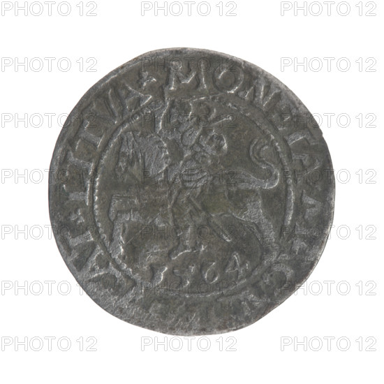 Lithuanian half-grosz, Sigismund II Augustus (King of Poland; 1544–1572). Obverse: Polish Eagle; in the rim between pearly borders an inscription: .SIGIS.AVG.DGREX.POLO.MDL. Reverse: Lithuanian Pursuer; below the year 1564; in the rim between pearly borders an inscription divided by the Axe coat of arms: .MONETA.MAGNI - DVCAT.LITVA. Dated 1564. Features coats of arms (Jagiellons, eagles, Pursuer), inscriptions, and maker attribution to Tarlo, Gabriel (ca. 1486–1565). Grand Duchy of Lithuania / Poland. Coin; diameter ~19.0–19.3 mm; weight 1.09 g.