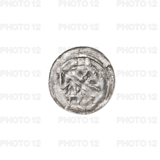 denarius, Boleslaw III Krzywousty (prince of Poland; 1107–1138), allegories, Boleslaw III Krzywousty (prince of Poland; 1086–1138), crosses, jaws (iconographic), equal-armed cross (iconographic), knight (iconographic), Romanesque (style), chain mail (iconographic), spearhead (issue mark), martyrs, chain mail, jaws, dragons, knights, Middle Ages, fight between good and evil (iconographic), Adalbert (Saint; ca. 956–997), spear (iconographic), dragon (iconographic), spears, fight against pagans (iconographic). Obv.: In the beaded border, a knight in chain mail thrusting a spearhead into the jaws of an upside-down dragon. Rv.: In the triple beaded border, an isosceles cross topped with balls; between its arms, one sun. ca. 1125–1138. Poland, Kraków. Coin. Diameter 12.7–13.1 mm. Weight 0.27 g.