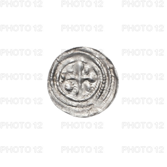 denarius, Boleslaw III Krzywousty (prince of Poland; 1107–1138), allegories, crosses, jaws (iconographic), equal-armed cross (iconographic), knight (iconographic), Romanesque (style), chain mail (iconographic), spearhead (issue mark), martyrs, jaws, dragons, knights, Middle Ages, fight between good and evil (iconographic), Adalbert (Saint; ca. 956–997), spear (iconographic), dragon (iconographic), spears, fight against pagans (iconographic). Obv.: In the beaded border, a knight in chain mail thrusting a spearhead into the jaws of an upside-down dragon. Rv.: In the triple beaded border, an isosceles cross topped with balls; between its arms, one sun. ca. 1125–1138, Poland, Kraków; coin; diameter 12.7–13.1 mm; weight 0.27 g.