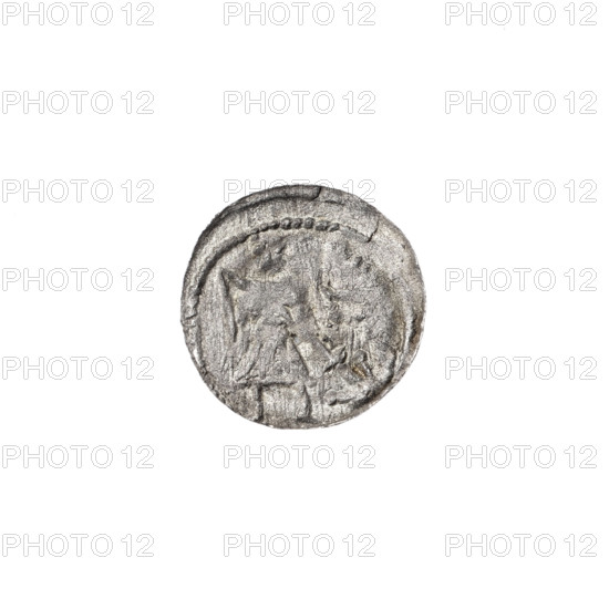 denarius, Boleslaw III Krzywousty (prince of Poland; 1086–1138), Romanesque, Middle Ages, allegories, Obv. In the beaded border, a knight in chain mail thrusting a spearhead into the jaws of a dragon turned upside down; iconographic elements: spearhead (issue mark), equal-armed cross, chain mail, chain mails, crosses, martyrs, knight, dragon, mouth(s), fight between good and evil, fight against pagans, spears, dragons, Adalbert (Saint; ca. 956–997). Rv. In the triple beaded border, an isosceles cross topped with balls; at the intersection of the arms, a ball; between them, one ball. ca. 1125–1138. Poland, Kraków. Coin; diameter 12.3–12.6 mm; weight 0.26 g.
