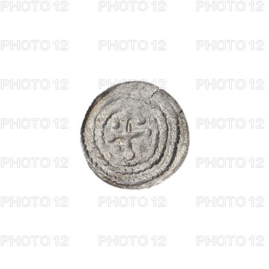 Denarius, Boleslaw III Krzywousty (prince of Poland; 1086–1138). Obverse: in the beaded border, a knight in chain mail thrusting a spearhead into the jaws of an upside-down dragon. Reverse: in the triple beaded border, an isosceles cross topped with balls; at the intersection of the arms, a ball; one ball between the arms. Iconography: spearhead, equal-armed cross, chain mail, chain mails, crosses, martyrs, knight, dragons, dragon, mouth, mouths, fight between good and evil, fight against pagans, knights, spear, spears, Adalbert (Saint; ca. 956–997). Style: Romanesque. Date: ca. 1125–1138. Place: Poland, Kraków. Object: coin (denarius). Diameter: 12.3–12.6 mm. Weight: 0.26 g.