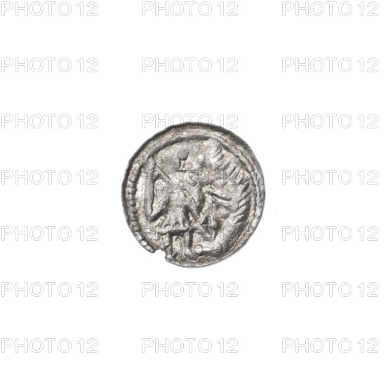 Denarius, Boleslaw III Krzywousty (prince of Poland; 1086–1138). Obverse: in the beaded border, a knight in chain mail thrusting a spearhead into the jaws of an upside-down dragon. Reverse: in the triple beaded border, an isosceles cross topped with balls; between its arms, one ball. Allegorical imagery: knight, dragon, fight between good and evil; references to martyrs and St. Adalbert (ca. 956–997). Romanesque style, Middle Ages; theme: fight against pagans. Issue mark: spearhead. Date: ca. 1125–1138. Place: Poland, Kraków. Coin (denarius). Diameter: 11.3–11.8 mm. Weight: 0.37 g.