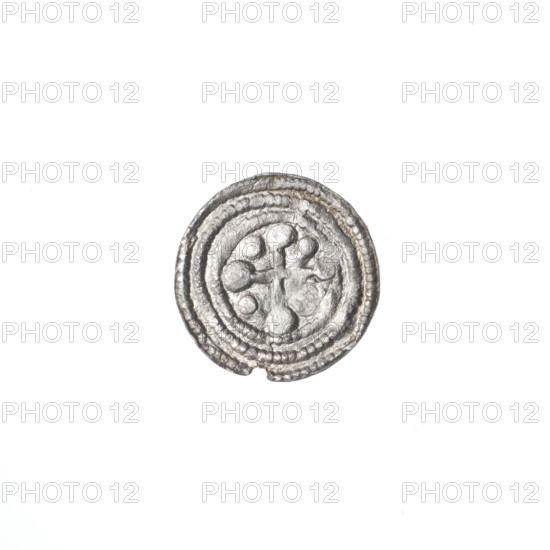 denarius, Boleslaw III Krzywousty (prince of Poland; 1086–1138), allegories, equal-armed cross, chain mail, crosses, spearhead (issue mark), knight, martyrs, mouth(s), dragon, knights, dragons, Romanesque (style), Middle Ages, Adalbert (St.; ca. 956–997), fight between good and evil, spear/spears, fight against pagans. Obv.: In the beaded border, a knight in chain mail thrusting a spearhead into the jaws of a dragon turned upside down. Rv.: In the triple beaded border, an isosceles cross topped with balls; between its arms, one ball. ca. 1125–1138. Poland, Kraków. Coin. Diameter 11.3–11.8 mm. Weight 0.37 g.