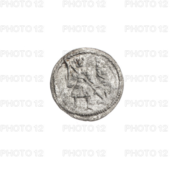 denarius, Boleslaw III Krzywousty (prince of Poland; 1086–1138; reign 1107–1138), Romanesque, ca. 1125–1138, Poland, Kraków; coin; obverse: in beaded border, a knight in chain mail thrusting a spearhead into the jaws of an upside-down dragon; reverse: in triple beaded border, an isosceles cross topped with balls, a ball at the intersection and one between the arms; iconography: spearhead, chain mail, equal-armed cross, crosses, knight, martyrs, mouth, dragons, fight between good and evil, fight against pagans, Adalbert (Saint; ca. 956–997), spears; diameter 13.1–13.3 mm; weight 0.45 g