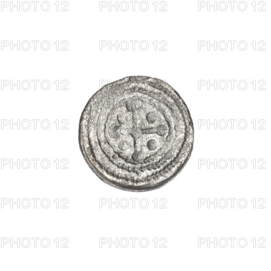 Denarius, Boleslaw III Krzywousty (prince of Poland; 1107–1138). Obverse: in a beaded border, a knight in chain mail thrusting a spearhead into the jaws of an upside-down dragon. Reverse: in a triple beaded border, an isosceles cross topped with balls; at the intersection of the arms a ball; one ball between the arms. Iconography: spearhead, chain mail, equal-armed cross, crosses, knight, martyrs, mouth, dragons, fight between good and evil, fight against pagans, Adalbert (Saint; ca. 956–997). Style: Romanesque. Date: ca. 1125–1138. Place: Poland, Kraków. Coin. Diameter 13.1–13.3 mm. Weight 0.45 g.