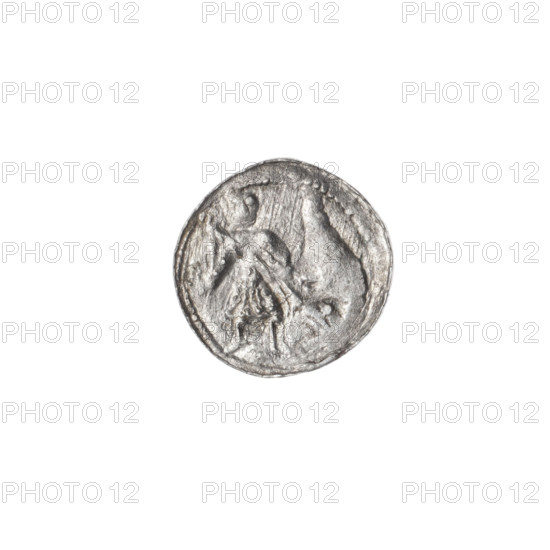 Denarius, Boleslaw III Krzywousty (prince of Poland; 1107–1138). Obverse: in the beaded border, a knight in chain mail thrusting a spearhead into the jaws of an upside-down dragon. Reverse: in the triple beaded border, an isosceles cross topped with balls (one showing a dot; others obscured by effacement); at the arm intersection a ball with a dot; between the arms one ball (two showing a single dot; others obscured by effacement). Allegorical Romanesque style imagery: knight, dragon, fight between good and evil; references to martyrs, Adalbert. ca. 1125–1138. Poland, Kraków. Coin; diameter 11.9–12.2 mm; weight 0.32 g.