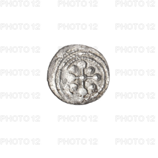 denarius, Boleslaw III Krzywousty (prince of Poland; 1107–1138 / 1086–1138), equal-armed cross, spearhead (issue mark), crosses, chain mail, jaws, martyrs, knight, Romanesque (style), allegories, dragons, dragon, knights, Middle Ages, fight between good and evil, spear, Adalbert (Saint; ca. 956–997), fight against pagans. Obverse: in the beaded border, a knight in chain mail thrusting a spearhead into the jaws of an upside-down dragon. Reverse: in the triple beaded border, an isosceles cross topped with balls (one with a dot; others possibly dotted but effaced). At the intersection of the arms, a ball with a dot. Between the arms, one ball (two with a single dot; others possibly dotted but effaced). Ca. 1125–1138. Poland, Kraków. Coin; diameter 11.9–12.2 mm; weight 0.32 g.