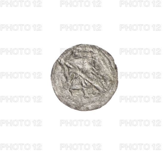 denarius, Boleslaw III Krzywousty (prince of Poland; 1107–1138), allegories, Boleslaw III Krzywousty (prince of Poland; 1086–1138), equal-armed cross, crosses, jaws, spearhead (issue mark), chain mail, martyrs, Romanesque (style), jaws, dragons, knight, knights, dragon, fight between good and evil, Adalbert (Saint; ca. 956–997), Middle Ages, fight against pagans, spear, spears, Obv. In the beaded border, a knight in chain mail thrusting a spearhead into the jaws of a dragon turned upside down. Rv. In the triple beaded border, an isosceles cross topped with balls. Between its arms, one ball. ca. 1125–1138, Poland, Kraków, coin, diameter 12.3 mm, diameter 12.7 mm, weight 0.21 g