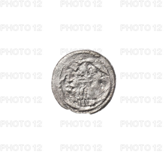 Denarius of Boleslaw III Krzywousty (prince of Poland; ca. 1086–1138), ca. 1125–1138. Obverse: within a beaded border, a knight in chain mail thrusting a spearhead into the upside-down jaws of a dragon. Reverse: within a triple beaded border, an isosceles cross topped with balls; between its arms, one ball (two of them with one dot). Materials: coin. Style: Romanesque; themes: martyrs, fight between good and evil, fight against pagans, knights, dragons, spears. Inscription elements/marks: spearhead (issue mark). Dimensions: diameter 11.9–12.1 mm, weight 0.31 g. Kraków, Poland.