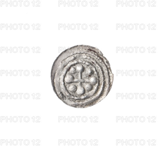 denarius, Boleslaw III Krzywousty (prince of Poland; 1107–1138), allegories, Boleslaw III Krzywousty (prince of Poland; 1086–1138), equal-armed cross, crosses, jaws, chain mail, spearhead (issue mark), chain mail, martyrs, Romanesque (style), knight, dragons, knights, dragon, jaws, Adalbert (St.; ca. 956–997), Middle Ages, fight between good and evil, fight against pagans, spears, spear. Obv. In the beaded border, a knight in chain mail thrusting a spearhead into the jaws of a dragon turned upside down. Rv. In the triple beaded border, an isosceles cross topped with balls. Between its arms, one ball (two of them with one dot). ca. 1125–1138. Kraków, Poland. Coin. Diameter 11.9–12.1 mm. Weight 0.31 g.