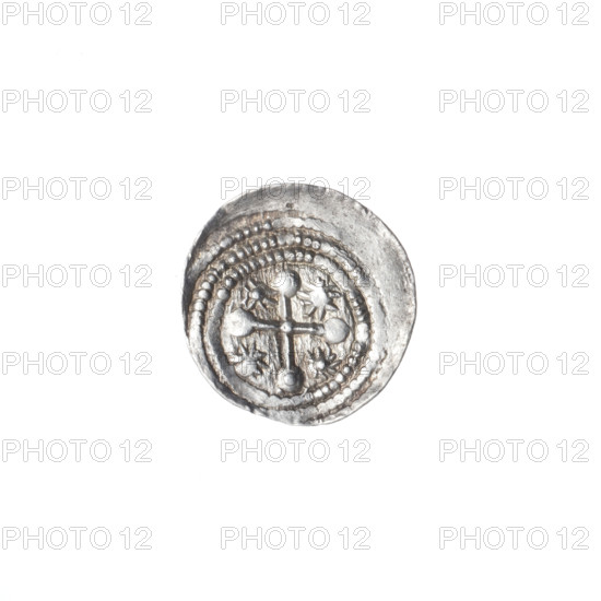 denarius, Boleslaw III Krzywousty (prince of Poland; 1086–1138), allegories, spearhead (issue mark), equal-armed cross, chain mail, crosses, jaws, knight, dragons, Romanesque (style), martyrs, knights, dragon, jaws, Middle Ages, fight between good and evil, Adalbert (Saint; ca. 956–997), spear, spears. Obv.: In the beaded border, a knight in chain mail thrusting a spearhead into the jaws of a dragon turned upside down. Rv.: In the triple beaded border, an isosceles cross topped with spheres (one of them has a dot). At the crossing of the arms, a dot. Between them, one sun (two of them have one dot). ca. 1125–1138, Kraków, Poland. Coin; diameter 12.1–12.6 mm, weight 0.60 g.