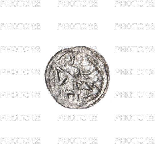 denarius, Boleslaw III Krzywousty (prince of Poland; 1086–1138), allegories, spearhead (issue mark), equal-armed cross, chain mail, crosses, jaws, knight, martyrs, Romanesque (style), dragons, dragon, Middle Ages, Adalbert (St.; ca. 956–997), fight against pagans, spear, fight between good and evil. Obv. In the beaded border, a knight in chain mail thrusting a spearhead into the jaws of a dragon turned upside down. A ball under the knight's right elbow. A dot between his legs. Rv. In the triple beaded border, an isosceles cross topped with balls (one of them with a dot). At the intersection of the arms, a ball. Between them, one ball (two of them with a dot). ca. 1125–1138, Poland, Kraków, coin, diameter 12.2–12.9 mm, weight 0.34 g