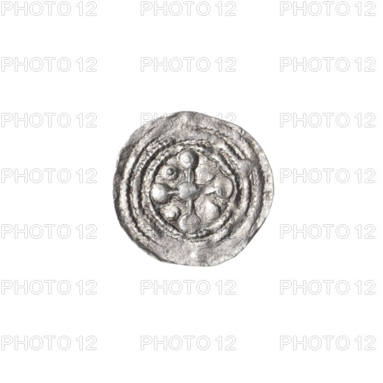 denarius, Boleslaw III Krzywousty (prince of Poland; 1086–1138), allegories, spearhead (issue mark), equal-armed cross, chain mail, crosses, jaws, knight, martyrs, Romanesque (style), dragons, knights, dragon, Middle Ages, Adalbert (St.; ca. 956–997), fight against pagans, spear, fight between good and evil, spears. Obv.: In the beaded border, a knight in chain mail thrusting a spearhead into the jaws of a dragon turned upside down; a ball under the knight's right elbow; a dot between his legs. Rv.: In the triple beaded border, an isosceles cross topped with balls (one of them with a dot); at the intersection of the arms, a ball; between them, one ball (two of them with a dot). Ca. 1125–1138, Poland, Kraków; coin; diameter 12.2–12.9 mm; weight 0.34 g.