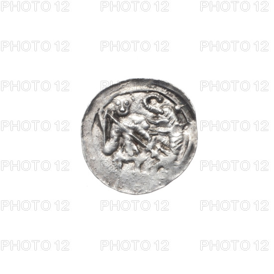 Denarius of Boleslaw III Krzywousty (prince of Poland; ca. 1086–1138). Obverse: in a linear border, a knight in chain mail thrusting a spearhead into the jaws of an upside-down dragon. Reverse: in a triple beaded border, an isosceles cross topped with balls (two bearing a central dot); a dot at the crossing of the arms; between the arms, one sun. Iconography: spearhead, chain mail, mouth, equal-armed cross, knights, dragon, Adalbert (Saint; ca. 956–997), martyrs, fight between good and evil, fight against pagans. Style: Romanesque. Date: ca. 1125–1138. Place: Poland, Kraków. Object type: coin. Diameter: 12.9–13.7 mm. Weight: 0.48 g.