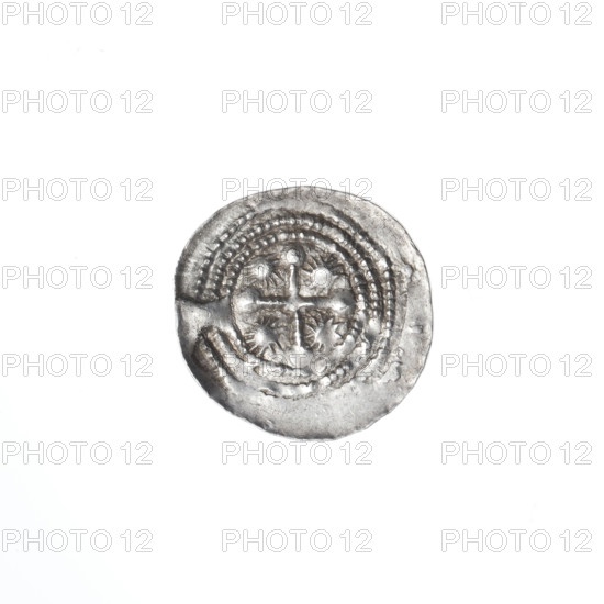 denarius, Boleslaw III Krzywousty (prince of Poland; 1086–1138), allegories, spearhead (issue mark), chain mail (iconographic), chain mails, mouth (iconographic), equal-armed cross (iconographic), crosses, knight (iconographic), martyrs, Romanesque (style), dragons, mouths, knights, dragon (iconographic), Adalbert (Saint; ca. 956–997), Middle Ages, fight between good and evil (iconographic), fight against pagans (iconographic), spear (iconographic), spears. Obv.: In the linear border, a knight in chain mail thrusting a spearhead into the jaws of a dragon turned upside down. Rv.: In the triple beaded border, an isosceles cross topped with balls (two of them with one dot each). A dot at the crossing of the arms. Between them, one sun. ca. 1125–1138, Poland, Kraków, coin, diameter 12.9–13.7 mm, weight 0.48 g