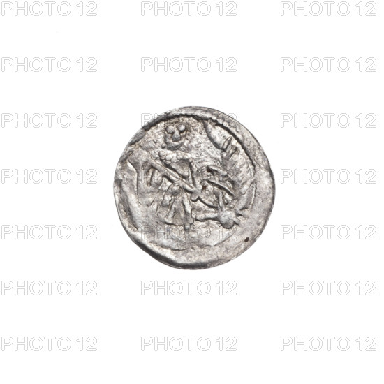 denarius, Boleslaw III Krzywousty (prince of Poland; 1086-1138 / reign 1107-1138), Romanesque style, c. 1125–1138, Poland, Kraków; coin (denarius), diameter 12.8–13.2 mm, weight 0.36 g. Obverse: in the beaded border, a knight in chain mail thrusting a spearhead into the jaws of an upside-down dragon. Reverse: in the triple beaded border, an isosceles cross topped with balls (one with a dot); between its arms, balls (one with a dot); one arm intersects the other at approximately one-third of its length. Iconography: knight, chain mail, spearhead, spears, dragons, jaws, equal-armed cross, crosses, martyrs, Adalbert (Saint; ca. 956–997), fight between good and evil / fight against pagans, allegories.