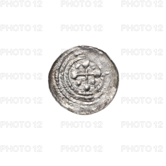 denarius, Boleslaw III Krzywousty (prince of Poland; 1107–1138), allegories, Boleslaw III Krzywousty (prince of Poland; 1086–1138), spearhead (issue mark), chain mail, chain mail (iconographic), crosses, jaws (iconographic), equal-armed cross (iconographic), knight (iconographic), martyrs, Romanesque (style), knights, dragon (iconographic), jaws, dragons, Adalbert (Saint; ca. 956–997), Middle Ages, spear (iconographic), spears, fight between good and evil (iconographic), fight against pagans (iconographic). Obverse: in the beaded border, a knight in chain mail thrusting a spearhead into the jaws of a dragon turned upside down. Reverse: in the triple beaded border, an isosceles cross topped with balls (one of them has a dot). Between its arms, one ball (two of them have a dot). One arm intersects the other at approximately 1/3 of its length. c. 1125–1138, Poland, Kraków, coin; diameter 12.8–13.2 mm; weight 0.36 g