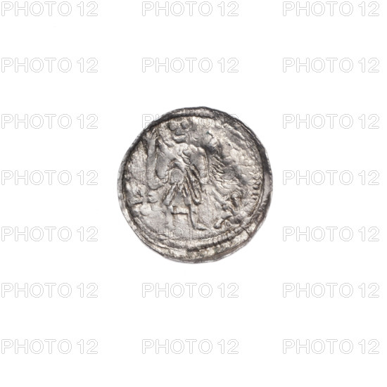 denarius, Boleslaw III Krzywousty (prince of Poland; 1086–1138; reign 1107–1138), Romanesque, c. 1125–1138, Poland, Kraków; coin. Obverse: in beaded border, a knight in chain mail thrusting a spearhead into the jaws of an upside-down dragon; under the knight's right elbow, an isosceles cross with arms tipped with balls. Reverse: in triple beaded border, an isosceles cross tipped with balls; at the intersection of the arms a ball; between its arms one ball (three of them have one dot); one arm bears a crossbar and intersects the other at approximately 1/3 of its length. Iconography: knight, dragon, spearhead, chain mail, equal-armed cross, martyrs, fight between good and evil, fight against pagans, Saint Adalbert. Diameter: 12.2–12.4 mm; weight: 0.48 g.