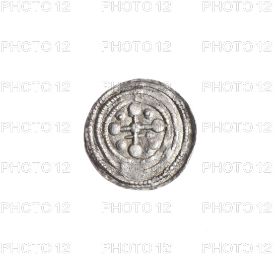 Denarius, Boleslaw III Krzywousty (prince of Poland; 1086–1138 and 1107–1138). Obverse: in the beaded border, a knight in chain mail thrusting a spearhead into the jaws of an upside-down dragon; under the knight's right elbow, an isosceles cross with ball-tipped arms. Reverse: in the triple beaded border, an isosceles cross tipped with balls; at the intersection of the arms, a ball; between its arms, one ball (three of them have one dot); on one arm, closer to the center, a crossbar; one arm intersects the other at approximately 1/3 of its length. Iconography: knight, dragon, spears, chain mail, equal-armed cross, mouths; themes of martyrs, fight between good and evil, fight against pagans; Saint Adalbert referenced. Romanesque style. c. 1125–1138. Poland, Kraków. Coin; diameter 12.2–12.4 mm; weight 0.48 g.