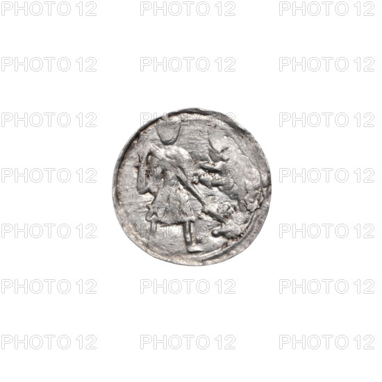denarius, Boleslaw III Krzywousty (prince of Poland; 1086–1138), allegories, spearhead (issue mark), equal-armed cross, chain mail, crosses, martyrs, knight, jaws, Romanesque (style), dragons, dragon, knights, fight between good and evil, Adalbert (Saint; ca. 956–997), fight against pagans, spears, spear, Middle Ages. Obverse: in the linear border, a knight in chain mail thrusting a spearhead into the jaws of a dragon turned upside down; above the knight's left foot, on its outer side, a dot. Reverse: in the triple beaded border, an isosceles cross topped with balls; between its arms, one ball (one of them has a dot; under-striking prevents observation of the others). ca. 1125–1138. Poland, Kraków. Coin. Diameter 12.6–12.9 mm; weight 0.47 g.