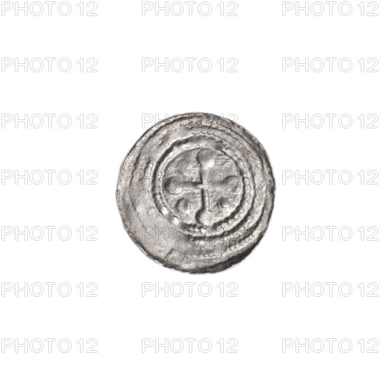 denarius, Boleslaw III Krzywousty (prince of Poland; 1107–1138), allegories, spearhead (issue mark), equal-armed cross, chain mail, crosses, martyrs, knight, jaws, Romanesque (style), dragons, dragon, knights, fight between good and evil, Adalbert (Saint; ca. 956–997), fight against pagans, spears, spear. Obverse: in the linear border, a knight in chain mail thrusting a spearhead into the jaws of an upside-down dragon; above the knight's left foot, on its outer side, a dot. Reverse: in the triple beaded border, an isosceles cross topped with balls; between its arms, one ball (one of them has a dot; under-striking prevents observation of others). ca. 1125–1138. Poland, Kraków. Coin. Diameter 12.6–12.9 mm. Weight 0.47 g.