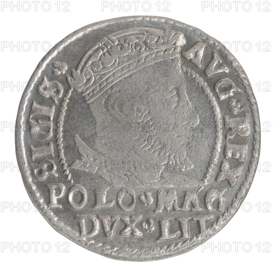 Lithuanian grosz on a Polish foot, Sigismund II Augustus (King of Poland; 1544–1572), Jagiellonians (dynasty). Obverse: Crowned male bust in armour turned right, separating an inscription in a half-circle at the top: SIGIS. - AVG.REX; at the bottom horizontally in two lines: POLO.MAG / DVX.LIT. Reverse: Lithuanian Chase (Pogon) turned left; below, under the crown, a tied monogram composed of the letters SA and the Columns of Gediminas coat of arms, which divide the inscription in the rim: MONE.MAG.DVC.LITVA. Date: 1546. Grand Duchy of Lithuania (Vilnius). Coin; diameter ~22.9–23.0 mm; weight 1.99 g., A round metallic coin with a worn surface showing a raised portrait of a crowned head in profile, surrounded by a beaded inner border and an outer rim; the coin appears silver-gray with darker gray areas in the recesses and lighter silvery highlights on the raised edges, and there is a band of raised lettering and decorative elements around the rim and across the lower portion of the coin.