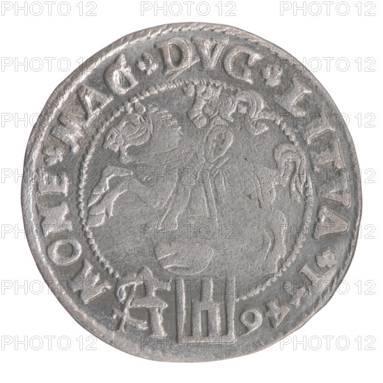 Lithuanian grosz on a Polish foot, Sigismund II Augustus (King of Poland; 1544–1572), Jagiellonians (dynasty), coats of arms, Polish coins, royal bust, Pogon (coat of arms; Lithuania), Sigismund II Augustus (King of Poland; 1520–1572) - iconography, male busts, Columns of Gediminas (coat of arms of Lithuania), monograms, tied monogram (type), monogram SA. Obv.: Crowned male bust in armour turned right, separating an inscription in a half-circle at the top: SIGIS. - AVG.REX; at the bottom horizontally in two lines: POLO.MAG / DVX.LIT. Rev.: Lithuanian Chase turned left, below under the crown a tied monogram composed of the letters SA and the Columns' coat of arms, which divide the inscription in the rim: MONE.MAG.DVC.LITVA. 1546. Grand Duchy of Lithuania, Vilnius, Poland; coin; diameter 22.9–23.0 mm; weight 1.99 g., A round metallic object with a worn, textured surface showing a faint raised central design of a seated figure and an animal, surrounded by a beaded circular border and a ri...