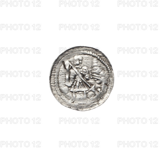 denarius, Boleslaw III Krzywousty (prince of Poland; 1107–1138), allegories, Boleslaw III Krzywousty (prince of Poland; 1086–1138), equal-armed cross, spearhead (issue mark), chain mail, crosses, jaws, martyrs, Romanesque (style), knight, jaws, knights, dragon, Middle Ages, fight between good and evil, fight against pagans, dragons, spear, Adalbert (Saint; ca. 956–997), spears. Obv. In the beaded border, a knight in chain mail thrusting a spearhead into the jaws of a dragon turned upside down. A ball under the knight's right elbow. Rv. In the triple beaded border, an isosceles cross topped with balls (two of them with one dot each). A ball at the intersection of the arms. Between the arms, one ball (two of them with one dot each; possibly also on the other two — observation is prevented by the under-striking of this part of the coin field). ca. 1125–1138, Poland, Kraków, coin, diameter 12.2–12.6 mm, weight 0.56 g