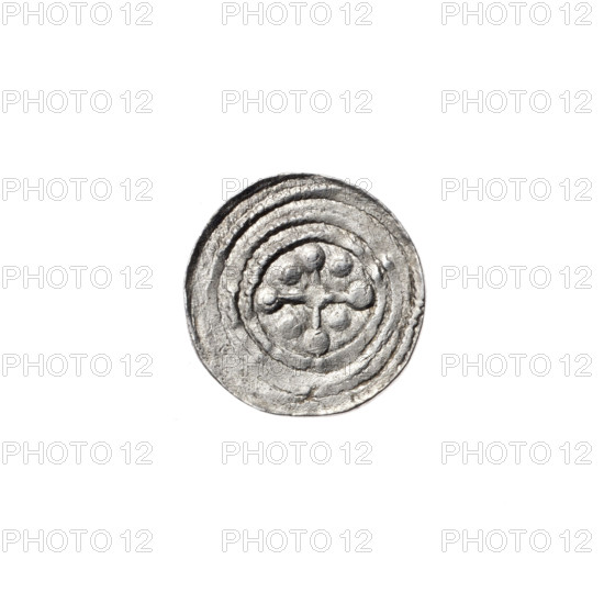 denarius, Boleslaw III Krzywousty (prince of Poland; 1107–1138), Romanesque style, ca. 1125–1138, Poland, Kraków. Obverse: in the beaded border, a knight in chain mail thrusting a spearhead into the jaws of an upside-down dragon; a ball under the knight's right elbow. Reverse: in the triple beaded border, an isosceles cross topped with balls (two with one dot each) and a ball at the intersection of the arms; balls between the arms (some details obscured by under-striking). Attributes listed: allegories, equal-armed cross, spearhead (issue mark), chain mail, crosses, jaws, martyrs, knight, knights, dragon, Middle Ages, fight between good and evil, fight against pagans, spear, Adalbert (Saint; ca. 956–997), spears. Coin; diameter 12.2–12.6 mm; weight 0.56 g.