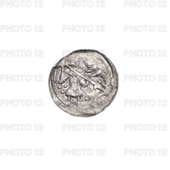 Denarius, Boleslaw III Krzywousty (prince of Poland; 1086–1138). Romanesque coin, ca. 1125–1138, Poland, Kraków. Obverse (beaded border): a knight in chain mail thrusting a spearhead into the jaws of an upside-down dragon; under the knight's right elbow three dots forming a triangle; under the left elbow two vertically aligned dots. Reverse (triple beaded border): an isosceles cross topped with balls (one with a dot); between its arms one sun; in two quarters (closer to the center) one dot each; in the third quarter, a dot next to the ball at the end of the cross arm. Iconography: spearhead, chain mail, equal-armed cross, crosses, martyrs, knight, jaws, dragon, knights, dragons, fight between good and evil, Adalbert (Saint; ca. 956–997), spear, spears, fight against pagans. Diameter: 12.1–12.7 mm. Weight: 0.49 g.