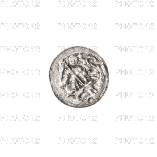 denarius, Boleslaw III Krzywousty (prince of Poland; 1107–1138), allegories, equal-armed cross, jaws, crosses, chain mail, martyrs, spearhead (issue mark), Romanesque (style), dragons, knight, knights, Middle Ages, fight against pagans, fight between good and evil, dragon, spear, Adalbert (Saint; ca. 956–997), Obv. In the linear border, a knight in chain mail thrusting a spearhead into the jaws of a dragon turned upside down. Rv. In the elliptical, triple beaded border, an isosceles cross topped with balls. Between its arms, a single sun. One arm intersects the other at approximately 1/3 of its length. ca. 1125–1138, Poland, Kraków, coin, diameter 11.7–12.2 mm, weight 0.34 g