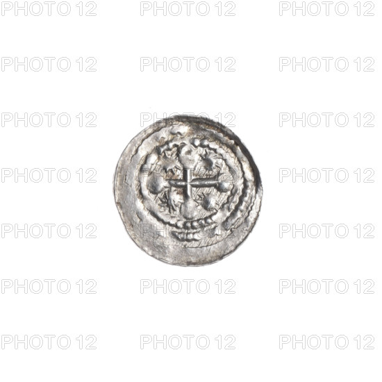 denarius, Boleslaw III Krzywousty (prince of Poland; 1107–1138), allegories, Boleslaw III Krzywousty (prince of Poland; 1086–1138), equal-armed cross, jaws, crosses, chain mail, martyrs, spearhead (issue mark), jaws, Romanesque (style), dragons, knight, knights, Middle Ages, fight against pagans, fight between good and evil, dragon, spear, Adalbert (Saint; ca. 956–997), spears. Obv. In the linear border, a knight in chain mail thrusting a spearhead into the jaws of a dragon turned upside down. Rv. In the elliptical, triple beaded border, an isosceles cross topped with balls. Between its arms, a single sun. One arm intersects the other at approximately 1/3 of its length. ca. 1125–1138, Poland, Kraków, coin, diameter 11.7–12.2 mm, weight 0.34 g