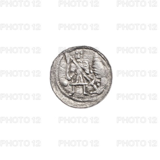 Denarius of Boleslaw III Krzywousty (prince of Poland; ca. 1125–1138). Obverse: within a beaded border, a knight in chain mail thrusting a spearhead into the jaws of an upside-down dragon; a ball under the knight's right elbow. Reverse: within a triple beaded border, an isosceles cross topped with balls (two of them with one dot each); a ball at the intersection of the arms and one ball between each arm (each with one dot). Romanesque style; themes: knights, dragons, fight between good and evil, fight against pagans, martyrs (St. Adalbert referenced). Coin; Poland, Kraków; diameter 12.2 mm; weight 0.28 g.