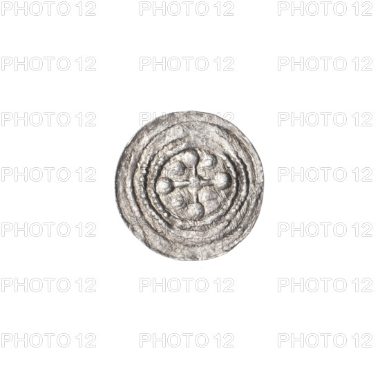 Denarius, Boleslaw III Krzywousty (prince of Poland; 1086–1138). Obverse: in a beaded border, a knight in chain mail thrusting a spearhead into the jaws of an inverted dragon; a ball under the knight's right elbow. Reverse: in a triple beaded border, an isosceles cross topped with balls (two with one dot each); a ball at the intersection of the arms and one ball between each arm (each with one dot). Romanesque style; allegorical imagery of knights, dragons, fight between good and evil, fight against pagans; depiction of Saint Adalbert referenced. Ca. 1125–1138. Poland, Kraków. Coin; diameter 12.2 mm, weight 0.28 g.