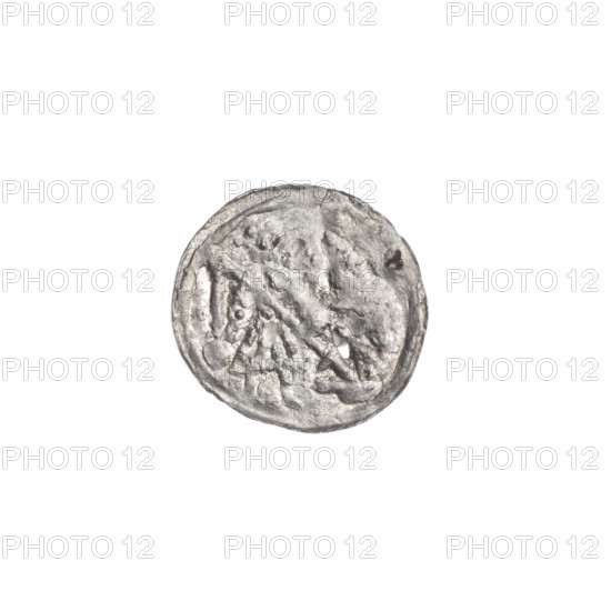 denarius, Boleslaw III Krzywousty (prince of Poland; 1107–1138), allegories, Boleslaw III Krzywousty (prince of Poland; 1086–1138), spearhead (issue mark), crosses, equal-armed cross, chain mail, chain mails, mouth, martyrs, knight, Romanesque (style), dragons, knights, mouths, dragon, Middle Ages, fight between good and evil, Adalbert (Saint; ca. 956–997), fight against pagans, spears, spear. Obv.: In the linear border, a knight in chain mail thrusting a spearhead into the jaws of a dragon turned upside down. A ball under the knight's right elbow. Rv.: In the triple beaded border, an isosceles cross topped with balls. At the intersection of the arms, a ball. Between them, a single sun. In one of the quarters, closer to the center of the cross, a dot. ca. 1125–1138. Poland, Kraków. Coin. Diameter 12.2–12.9 mm. Weight 0.27 g.