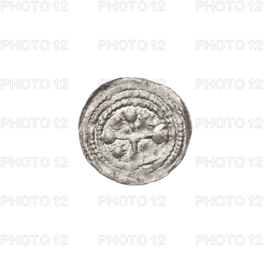 denarius, Boleslaw III Krzywousty (prince of Poland; 1086-1138), allegories, spearhead (issue mark), crosses, equal-armed cross, chain mail, mouth, martyrs, knight, Romanesque (style), dragons, Middle Ages, fight between good and evil, Adalbert (Saint; ca. 956-997), fight against pagans, spears, Obv. In the linear border, a knight in chain mail thrusting a spearhead into the jaws of a dragon turned upside down. A ball under the knight's right elbow. Rv. In the triple beaded border, an isosceles cross topped with balls. At the intersection of the arms, a ball. Between them, a single sun. In one of the quarters, closer to the center of the cross, a dot. ca. 1125–1138, Poland, Kraków, coin, diameter 12.2–12.9 mm, weight 0.27 g