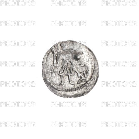 denarius, Boleslaw III Krzywousty (prince of Poland; 1086–1138), Romanesque style, allegorical imagery, Obverse: in beaded border, a knight in chain mail thrusting a spearhead into the jaws of an upside-down dragon; under the knight's right elbow, an isosceles cross with arms terminating in balls. Reverse: in triple beaded border, an isosceles cross terminating in balls; at the intersection of the arms, a ball; between the arms, three balls (a fourth may be present; under-striking obscures observation). Inscriptions/marks: spearhead (issue mark). Themes: martyrs, Adalbert (St.; ca. 956–997), fight against pagans, fight between good and evil. Date: ca. 1125–1138. Place: Poland, Kraków. Object: coin (denarius). Diameter: 12.6–12.9 mm. Weight: 0.48 g.