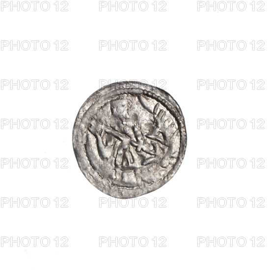 Denarius, Boleslaw III Krzywousty (prince of Poland; 1086–1138). Obverse: in the beaded border, a knight in chain mail thrusting a spearhead into the jaws of an upside-down dragon. Reverse: in the triple beaded border, an isosceles cross topped with balls; between its arms one ball (one dot on each). Iconography: spearhead, chain mail, equal-armed cross, jaws, knight, dragons, martyrs, fight between good and evil, fight against pagans, Adalbert (Saint; ca. 956–997). Romanesque style. ca. 1125–1138. Poland, Kraków. Coin. Diameter 12.9–13.6 mm. Weight 0.37 g.