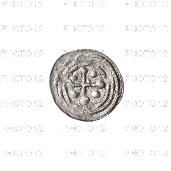 denarius, Boleslaw III Krzywousty (prince of Poland; 1086–1138), allegories, spearhead (issue mark), chain mail (iconographic), equal-armed cross (iconographic), chain mails, crosses, jaws (iconographic), knight (iconographic), martyrs, Romanesque (style), dragons, jaws, knights, dragon (iconographic), Middle Ages, fight between good and evil (iconographic), fight against pagans (iconographic), Adalbert (Saint; ca. 956–997), spear (iconographic), Obv. In the beaded border, a knight in chain mail thrusting a spearhead into the jaws of a dragon turned upside down. Rv. In the triple beaded border, an isosceles cross topped with balls. Between its arms, one ball (one dot on each). ca. 1125–1138, Poland, Kraków, coin, diameter 12.9–13.6 mm, weight 0.37 g