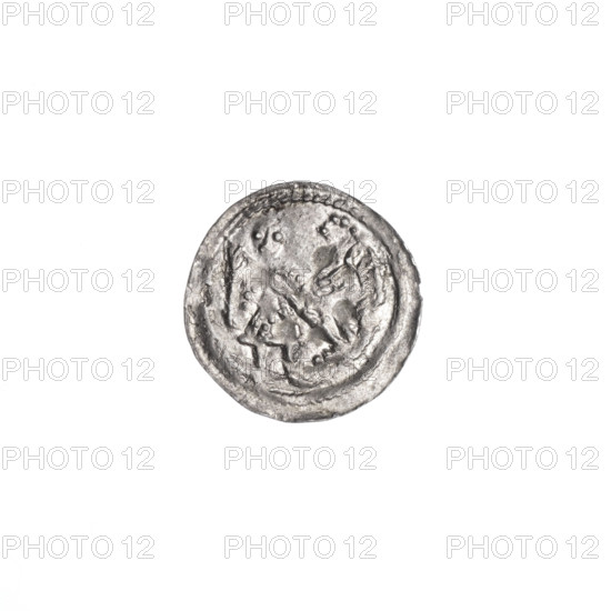 Denarius of Boleslaw III Krzywousty (prince of Poland; ca. 1086–1138), ca. 1125–1138. Obverse: in beaded border, a knight in chain mail thrusting a spearhead into the jaws of an upside-down dragon (allegory—fight between good and evil, fight against pagans; knight/martyr imagery; Romanesque style). Reverse: in triple beaded border, an isosceles cross topped with balls (one with a dot); between its arms one ball each with a dot; one arm intersects the other at approximately one-third of its length. Issue mark: spearhead. Material: coin. Diameter: 11.8–12.1 mm. Weight: 0.32 g.