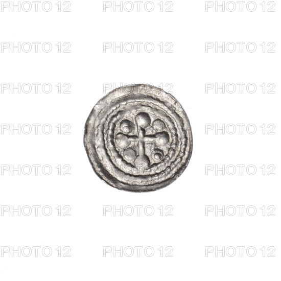 denarius, Boleslaw III Krzywousty (prince of Poland; 1086–1138; reign 1107–1138), allegories, equal-armed cross, crosses, spearhead (issue mark), chain mail, chain mails, jaws, knight, martyrs, Romanesque (style), dragons, knights, dragon, Adalbert (St.; ca. 956–997), Middle Ages, fight between good and evil, spear, spears, fight against pagans. Obv.: in the beaded border, a knight in chain mail thrusting a spearhead into the jaws of an upside-down dragon. Rv.: in the triple beaded border, an isosceles cross topped with balls (one with a dot); between its arms, one ball each (with dots); one arm intersects the other at approximately 1/3 of its length. ca. 1125–1138, Poland, Kraków, coin; diameter 11.8–12.1 mm; weight 0.32 g