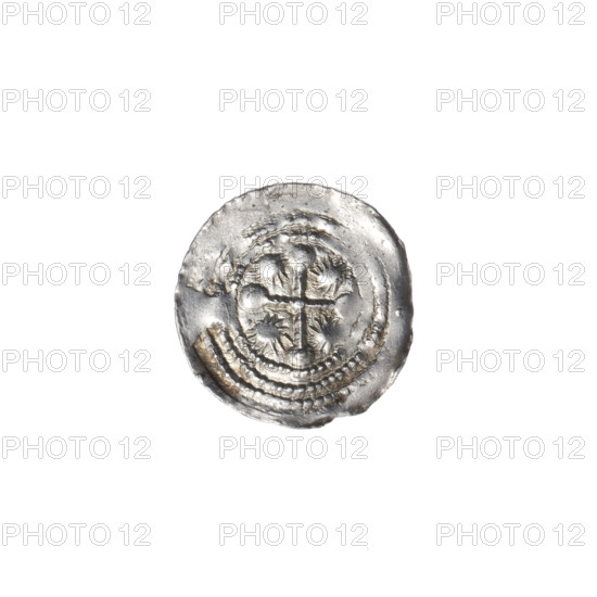 Denarius, Boleslaw III Krzywousty (prince of Poland; 1086–1138). Romanesque medieval coin, ca. 1125–1138, Poland, Kraków. Obverse: in a linear border, a knight in chain mail thrusting a spearhead into the jaws of an upside-down dragon. Reverse: in a triple beaded border, an isosceles cross topped with spheres (one with a dot); a dot at the crossing of the arms; one sun between them. Iconography: spearhead, chain mail, equal-armed cross, crosses, jaws, knight, martyrs, dragons, dragon, Adalbert (Saint; ca. 956–997), fight between good and evil, fight against pagans, spears. Coin (denarius), diameter 12.1–12.9 mm, weight 0.53 g.
