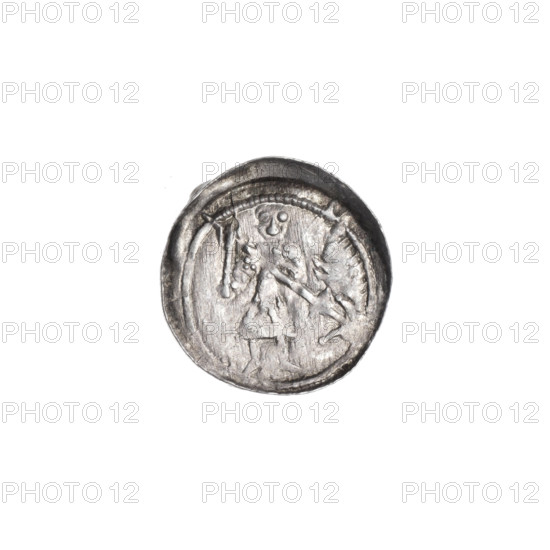 Denarius, Boleslaw III Krzywousty (prince of Poland; 1086–1138). Obv.: In the beaded border, a knight in chain mail thrusting a spearhead into the jaws of an upside-down dragon. Rv.: In the triple beaded border, an isosceles cross topped with balls; between its arms, one ball. Allegories and iconography: spearhead, equal-armed cross, chain mail, crosses, jaws, knight, dragon, martyrs, fight against pagans, spear, fight between good and evil; Romanesque style. Inscription/attribution: Boleslaw III Krzywousty. Date: ca. 1125–1138. Place: Poland, Kraków. Object: coin (denarius). Diameter: 12.8–13.3 mm. Weight: 0.47 g.