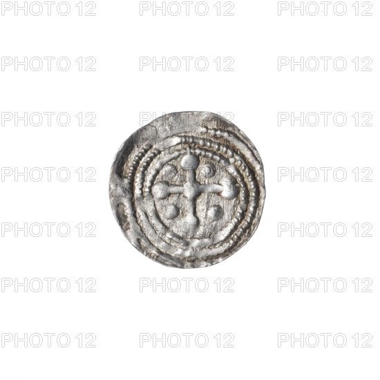 Denarius, Boleslaw III Krzywousty (prince of Poland; 1086–1138). Obverse: in a beaded border, a knight in chain mail thrusting a spearhead into the jaws of a dragon turned upside down. Reverse: in a triple beaded border, an isosceles cross topped with balls; at the intersection of the arms a ball; between the arms one ball (two of them have one dot); one arm intersects the other at approximately 1/3 of its length. Allegorical and iconographic elements: spearhead (issue mark), equal-armed cross, crosses, jaws, chain mail, martyrs, knight, Romanesque style, knights, dragon, dragons, Middle Ages, fight between good and evil, fight against pagans, spear, Adalbert (Saint; ca. 956–997). Date: ca. 1125–1138. Place: Kraków, Poland. Medium/function: coin. Diameter: 12.5–12.9 mm. Weight: 0.37 g.